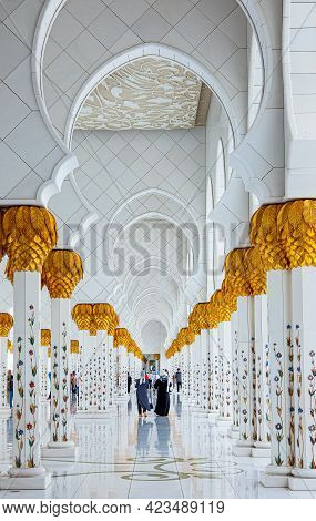 Abu Dhabi, United Arab Emirates - May 17, 2018: The Decorated Marble Columns Of The Courtyard Of The