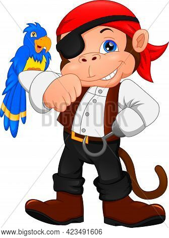 Cartoon Pirate Monkey With A Bird On  White Background