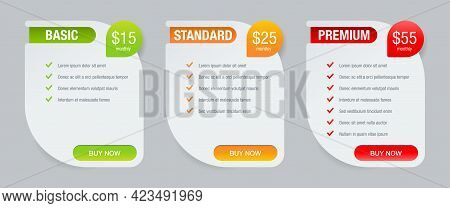 Tariff Comparsion Table Block With Three Options - Web Ui Chart Flat Design Template - Basic, Standa