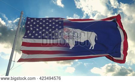 Flag Of Usa And Wyoming State. Usa And Wyoming Mixed Flag Waving In Wind. 3d Rendering