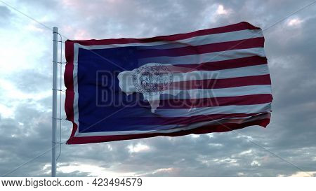 Usa And Wyoming Mixed Flag Waving In Wind. Wyoming And Usa Flag On Flagpole. 3d Rendering
