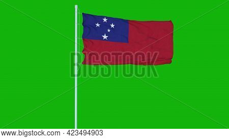 Samoa Flag Waving On Wind On Green Screen Or Chroma Key Background. 3d Rendering
