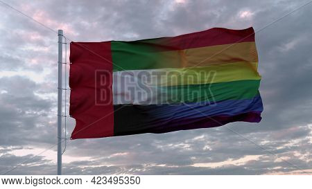 Waving Flag Of United Arab Emirates And Lgbt Rainbow Flag Background. 3d Rendering