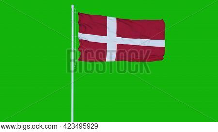 Denmark Flag Waving On Wind On Green Screen Or Chroma Key Background. 3d Rendering
