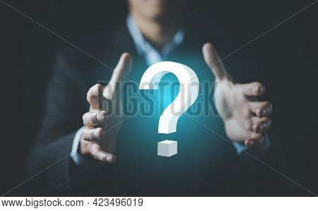 Ask Question Online Concept, Businessman Hand Hold Interface Question Marks Sign Web, Question Marks