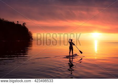 Adventurous Woman On A Paddle Board Is Paddeling In The Pacific West Coast Ocean. Sunset Sky Art Ren
