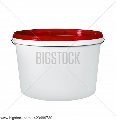 White Plastic Bucket Isolated On White Background. White Plastic Bucket Without Label With Red Lid. 