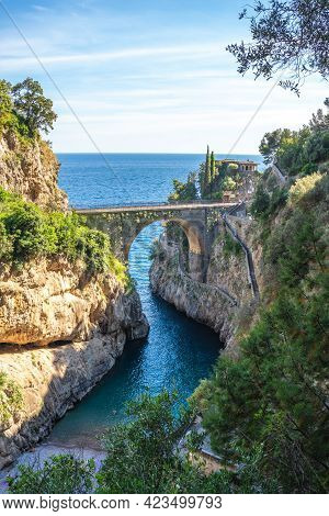 Furore Fjord And Bridge, Amalfi Coast, Salerno, Italy. High Quality Photo