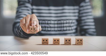 Customer Service Evaluation And Satisfaction Survey Service Rating Concepts.hand Choose Wooden Cube 