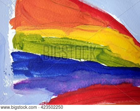 Colorful Brushpaint Strokes On Paper Surface. Painted Texture Of Rainbow Stripes