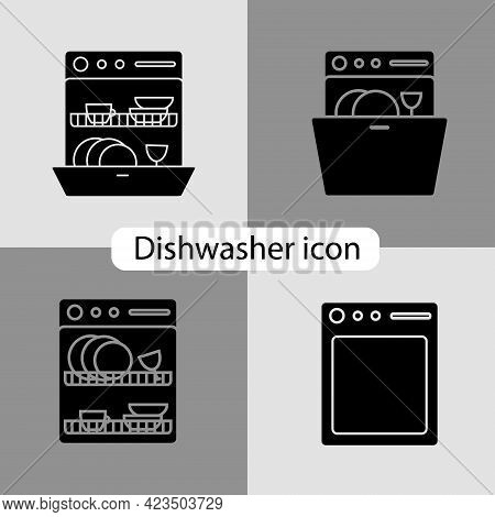 Dishwasher Glyph Icons Set. Black Contour Symbols Collection. Isolated Vector Stock Illustration