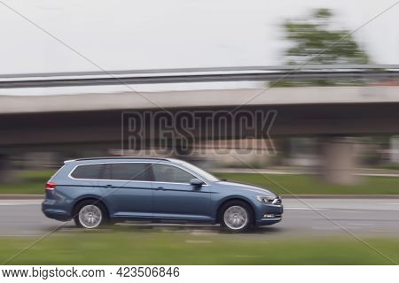 Motion Blurred Volkswagen Passat. Riga, Latvia - 20 May 2021.