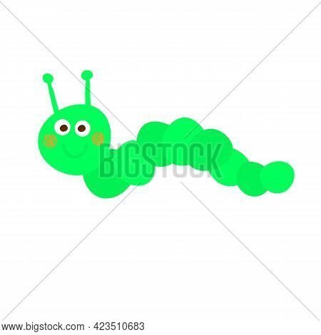 Cute Green Caterpillar Cartoon Smiling. A Friendly Insect Caterpillar In A Kawaii Style.