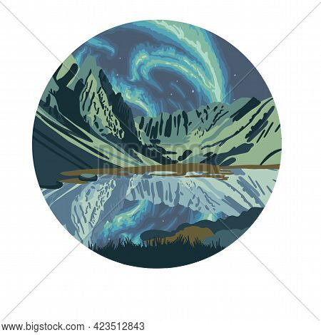 Flt Landscape Illustration With Mountains, Forest And Northern Lights. High Quality Illustration