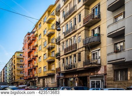 Budapest, Hungary, March 2020, View Of Some Colorful Buildings In Balzac Street In The 13th District
