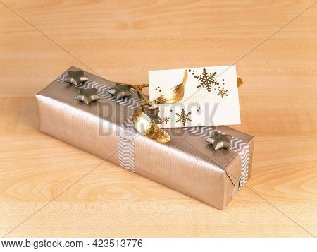Silver Paper Wrap Gift Box Gray Bow Present Christmas Birthday Isolated Background.