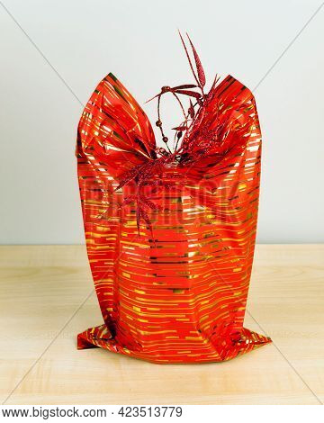 Red Paper Wrap Gift Box Gray Bow Present Christmas Birthday Isolated Background.