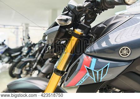 Lima, Peru - June 12, 2021: Motorcycles In The Showroom Yamaha Shop. New Motorbikes And Accessories 