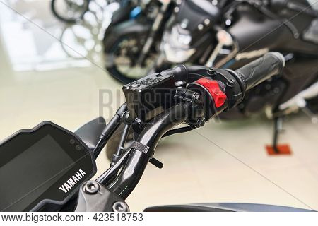 Lima, Peru - June 12, 2021: Motorcycles In The Showroom Yamaha Shop. New Motorbikes And Accessories 