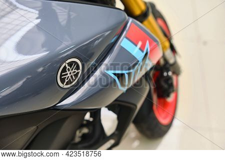 Lima, Peru - June 12, 2021: Motorcycles In The Showroom Yamaha Shop. New Motorbikes And Accessories 