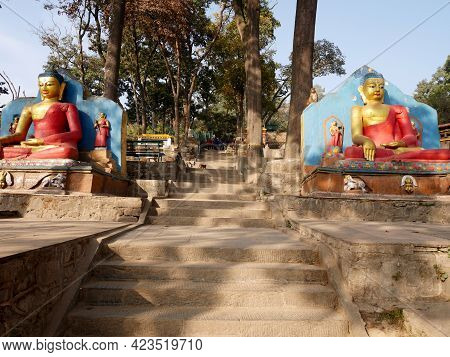 Buddha Statue Nepalese Style At Swayambhunath Pagoda Or Swayambu Chedi Or Swoyambhu Stupa Or Monkey