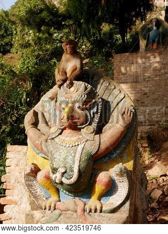 Sculpture Carving Stone Figure Garuda Or Galon Or Nan Belu Guardian At Ancient Antique Of Swayambhun