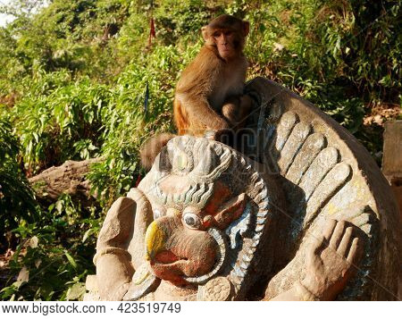 Sculpture Carving Stone Figure Garuda Or Galon Or Nan Belu Guardian At Ancient Antique Of Swayambhun