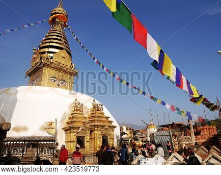 Swayambhunath Pagoda Or Swayambu Chedi Or Swoyambhu Stupa Or Monkey Temple And Eyes Of Lord Buddha F