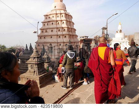 Stupa Chedi At Swayambhunath Pagoda Or Swayambu Or Swoyambhu Or Monkey Temple For Nepali People And