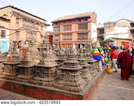 Small Stone Stupa Chedi At Swayambhunath Pagoda Or Swayambu Or Swoyambhu Or Monkey Temple For Nepali
