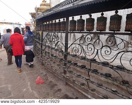 Prayer Wheels On Wall Of Hariti Shrine Or Ajima Hindu Temple At Swayambhunath Pagoda Or Monkey Templ