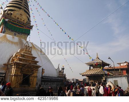 Swayambhunath Pagoda Or Swayambu Chedi Or Swoyambhu Stupa Or Monkey Temple And Eyes Of Lord Buddha F