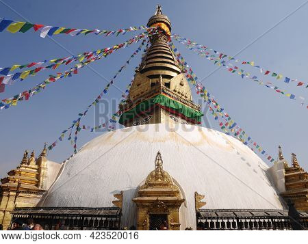 Swayambhunath Pagoda Or Swayambu Chedi Or Swoyambhu Stupa Or Monkey Temple And Eyes Of Lord Buddha F