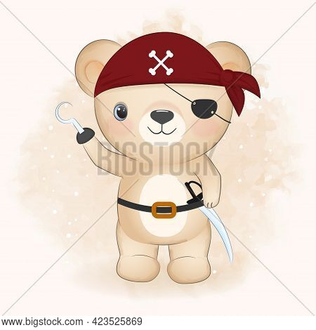 Cute Pirate Bear Hand Drawn Cartoon Animal Watercolor Illustration