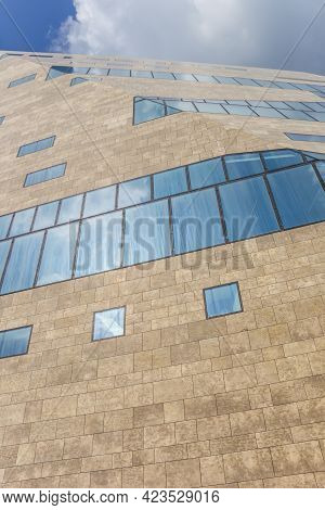 Groningen, Netherlands - March 07, 2020: Modern Facade Of The Groninger Forum In The Netherlands