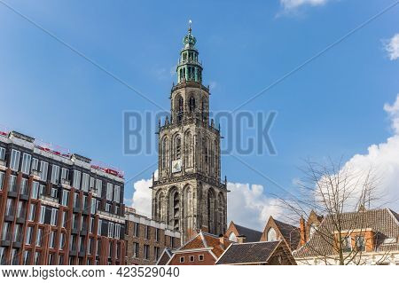 Groningen, Netherlands - March 07, 2020: Martini Tower And Apartment Buildings In The Center Of Gron