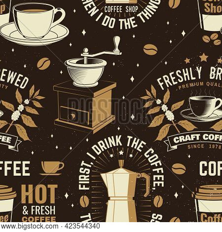 Set Of Coffe Shop Seamless Pattern Or Background. Vector Seamless Scene With Paper Coffee Cup, Branc