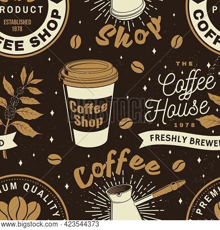 Set Of Coffe Shop Seamless Pattern Or Background. Vector Seamless Scene With Paper Coffee Cup, Branc