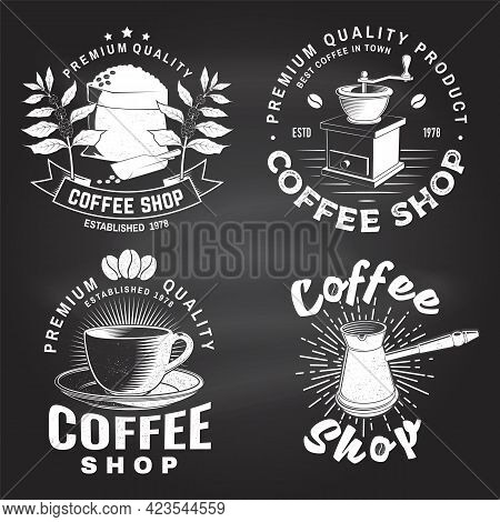 Set Of Coffe Shop Logo, Badge Template On The Chalkboard. Vector. Typography Design With Coffee Grin