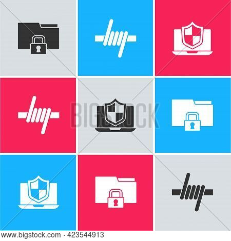 Set Folder And Lock, Barbed Wire And Laptop Protected With Shield Icon. Vector