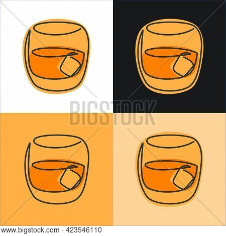 One Line Drawing Whiskey Glass On Various Background. Four Types Of Images. Colored Cartoon Graphic