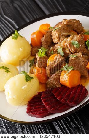 Kalops Is A Traditional Swedish Beef Stew That Is Slowly Cooked With Vegetables And Spices Close Up 