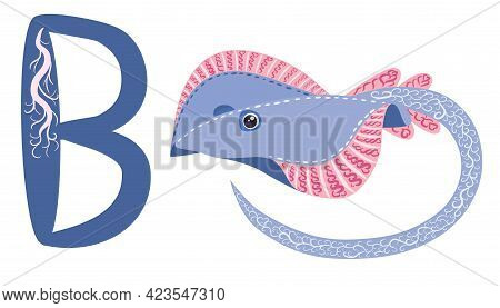 Abc Kids Letter Ray Fish Blue Spotted Sea Animal Cartoon Character Ocean Animal, Cramp Fish Stingray