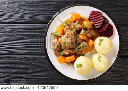 Swedish Kalops, An Authentic And Traditional Beef Stew Slow Simmered With Vegetables Close Up In The