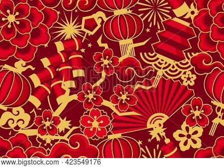 Happy Chinese New Year Ceamless Pattern. Background With Oriental Symbols.