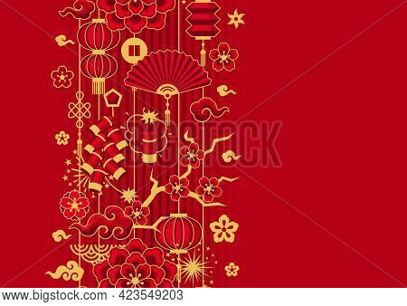 Happy Chinese New Year Ceamless Pattern. Background With Oriental Symbols.