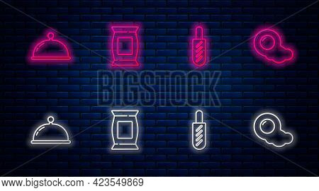 Set Line Bag Or Packet Potato Chips, Hotdog Sandwich, Covered With Tray And Scrambled Eggs. Glowing 
