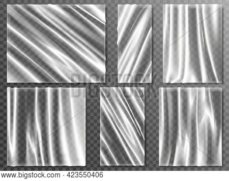 Realistic Plastic Banners. Transparent Plastic Wrap, Glossy Flexible Material Wrinkled Banner Vector