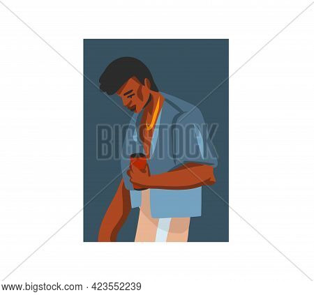 Hand Drawn Vector Flat Abstract Stock Graphic Illustration With Young Happy, In Summer Outfit, Afric