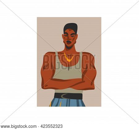 Hand Drawn Vector Flat Abstract Stock Graphic Illustration With Young Happy, In Summer Outfit, Afric